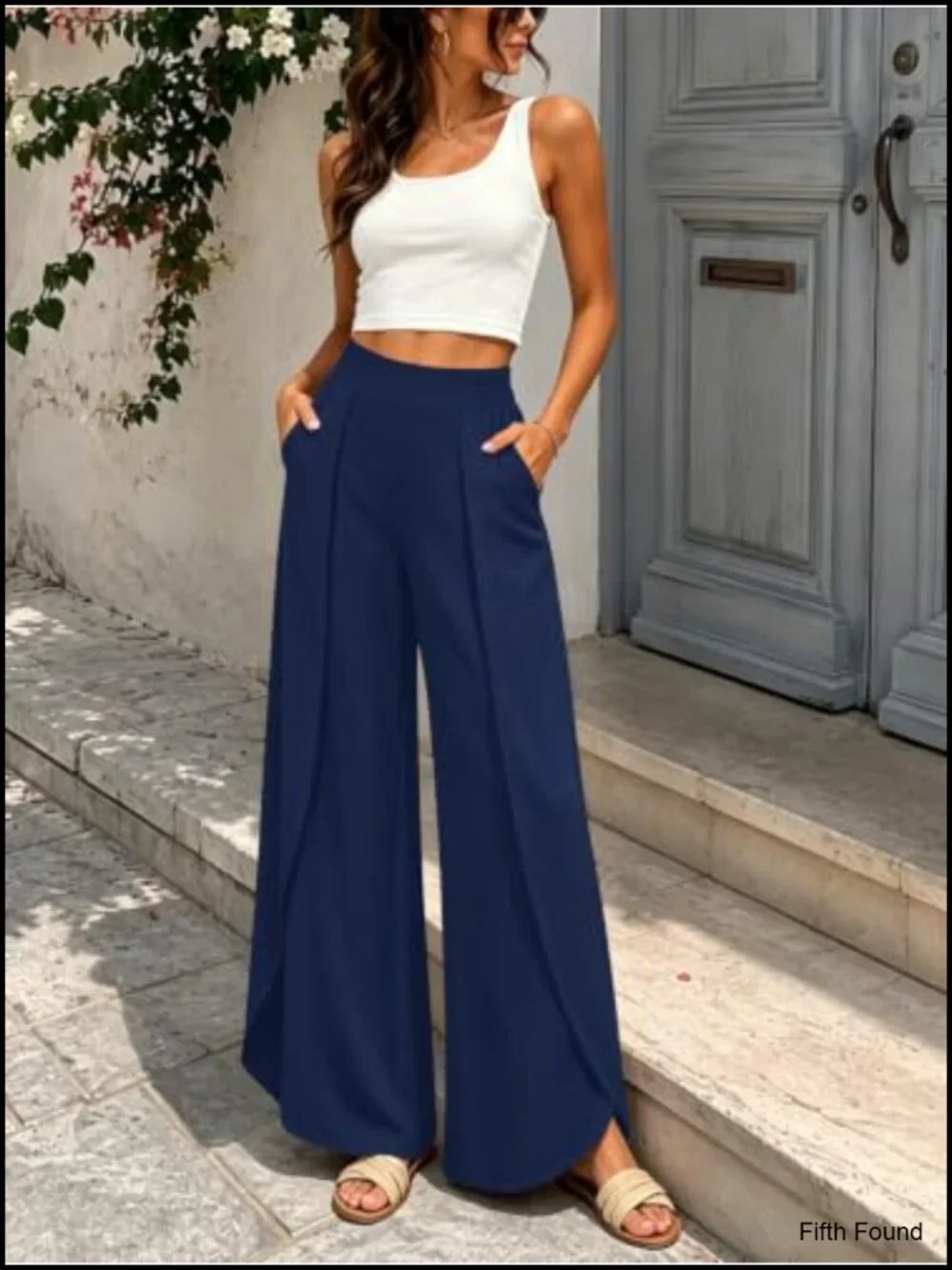 Wide Leg Palazzo Pants High Waisted Flowy Side Split with Pockets
